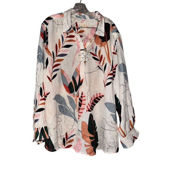 3X Cynthia Rowley Womens Floral Patterned 100% Linen Button-Front Collared Shirt - Picture 2 of 8